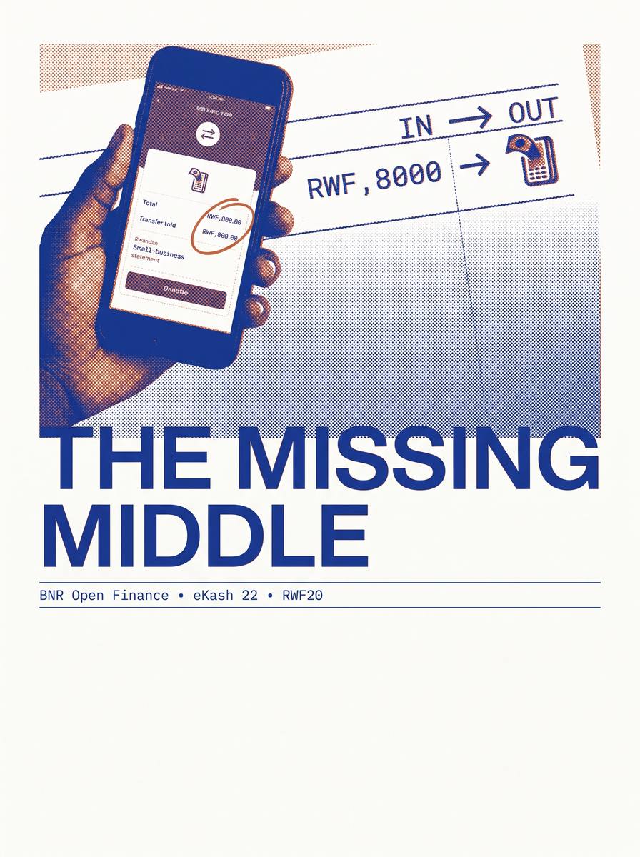 The Missing Middle — mono-color editorial cover: a hand holding a phone with a mobile-money statement, money flowing in to out